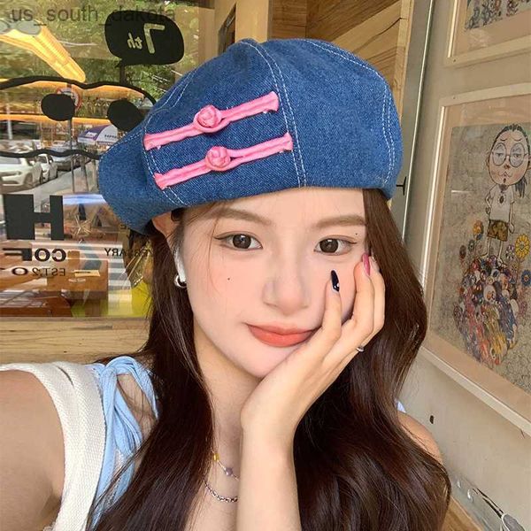 Корейская версия нового джинсового брета женского летнего универсального китайского художника шляпа мода сладкая восьмиугольная кепка L230523