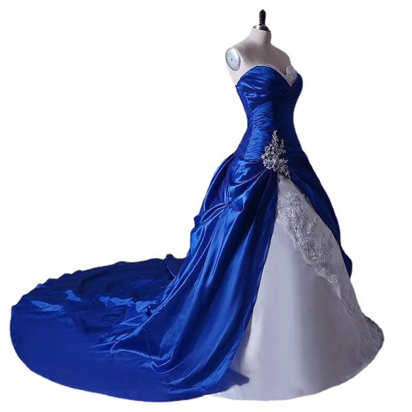 Brilhante imagem real novo branco e azul royal vestido de noiva linha de renda tafetá apliques vestido de noiva miçangas cristal feito sob medida na moda