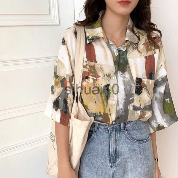 Blusas femininas camisas blusa vintage linda top chique roupas de primavera senhoras pintura a óleo impressão streetwear coreano camisetas de manga curta para meninas j230621