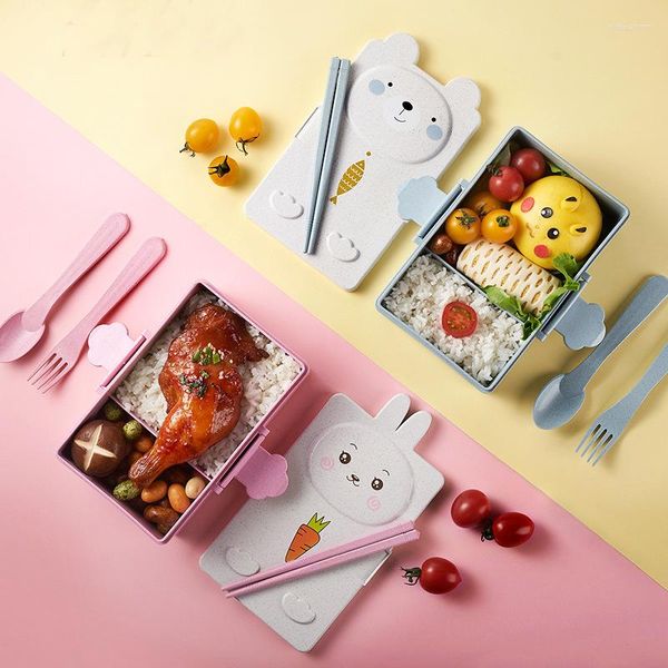Ensembles de vaisselle Enfants Cartoon Bento Box Leakproof Lunch Containers Paille de blé mignon avec vaisselle Micro-ondes Safe Keep Fresh Container