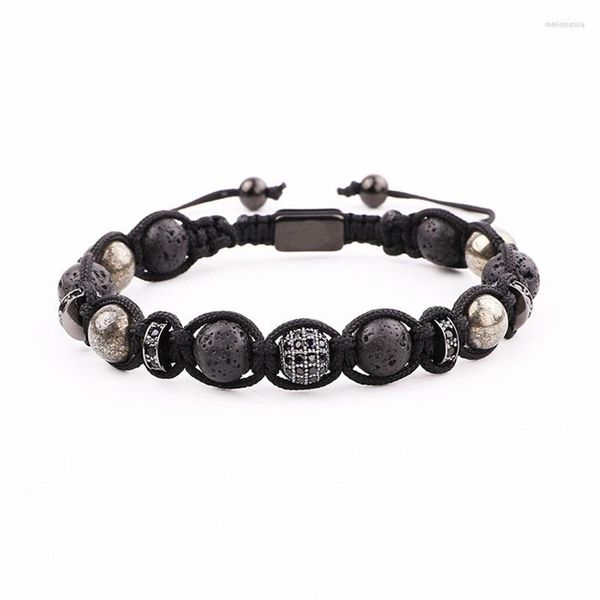 Strand Design Herren-Armband, CZ-Pflaster-Kugel, Lavastein, Pyrit, geflochtene Makramee-Schnur, Schmuck, Geschenk