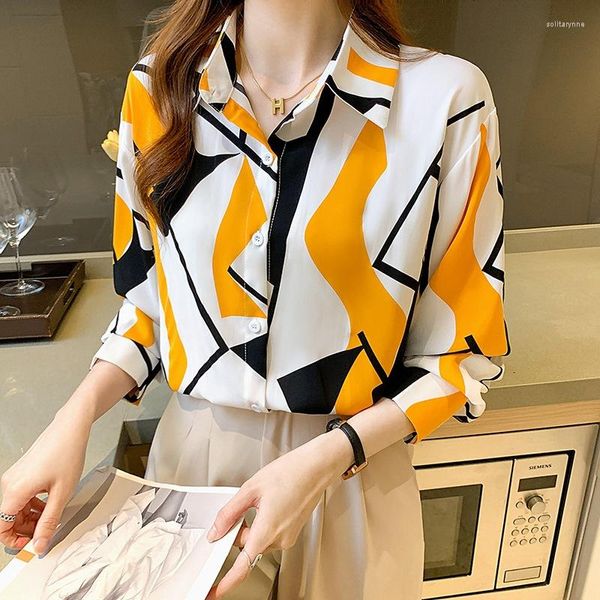 Blusas Femininas Amarelo E Preto Geometria Estampada Chiffon Camisa Primavera Verão Moda Blusa 2023 Estilo Coreano Elegante Escritório Senhora Para Mulheres
