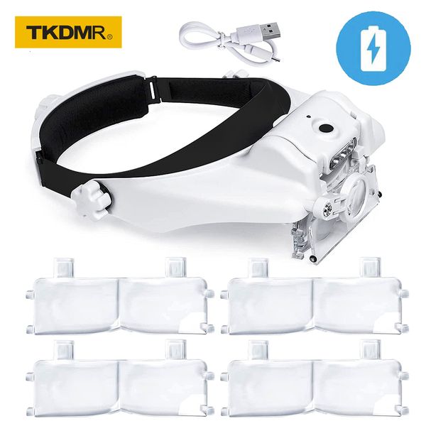 Lupas TKDMR USB Recarregável Tiara Lupa Óculos Lupa Lupa Iluminada com Ampliação de Luz 2LED Para Solda 230620