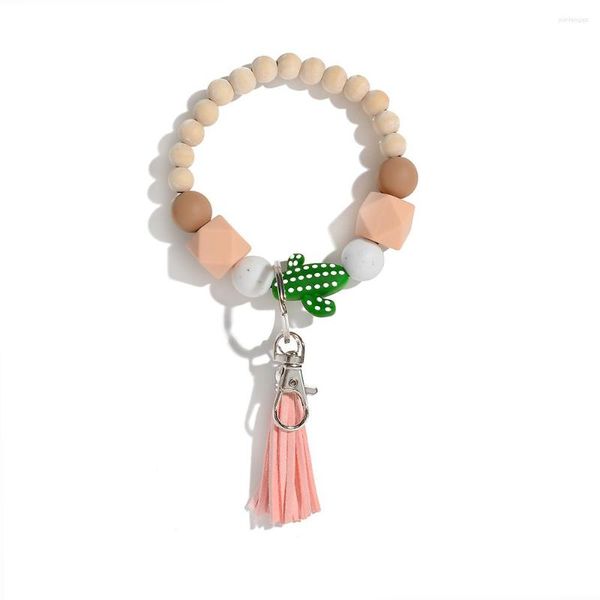 Charme Pulseiras Silicone Chaveiro Para Chaves Borla Contas De Madeira Pulso Chaveiros Pulseira Moda Anti-perda Útil Feminino Homens Chaveiros