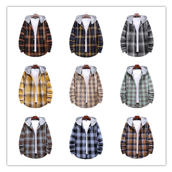 Camiseta masculina xadrez de manga comprida com capuz 480 gramas de espessura primavera outono todas as estações use casaco solto de mistura de algodão elástico durável ao ar livre para homens