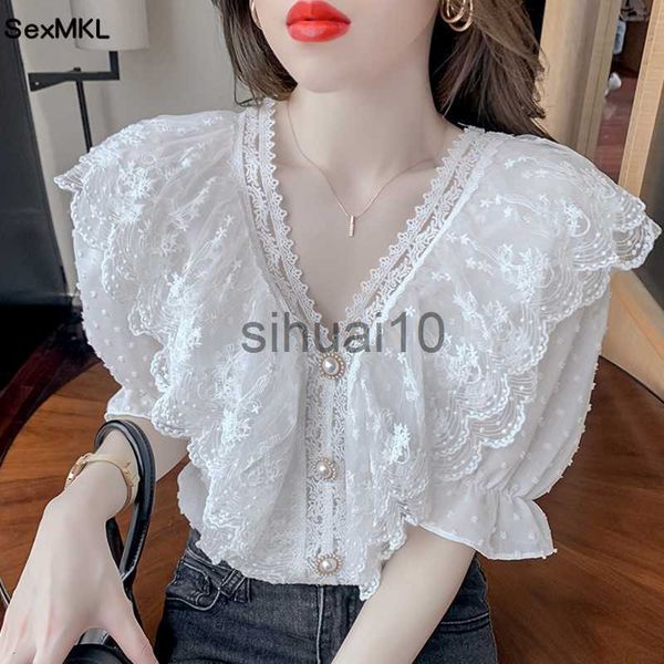 Blusas de mujer Camisas Vintage Summer Lace Tops Mujer 2023 Moda elegante Casual Ruffles Blusas blancas Mujer Ropa coreana Cuello en V Blusas de gasa y2k J230621