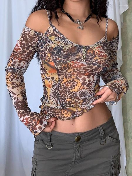 Damesblouses WeiYao off-shoulder slanke lange mouw vintage print mesh shirts dames esthetische grunge boho zomer vakantie knop tops