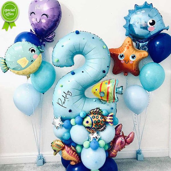 Neue 45Pcs Ozean Welt Unter Meer Tier Luftballons Blau Anzahl Folien Ballon Kinder Geburtstag Party Dekoration Baby Dusche helium Globos