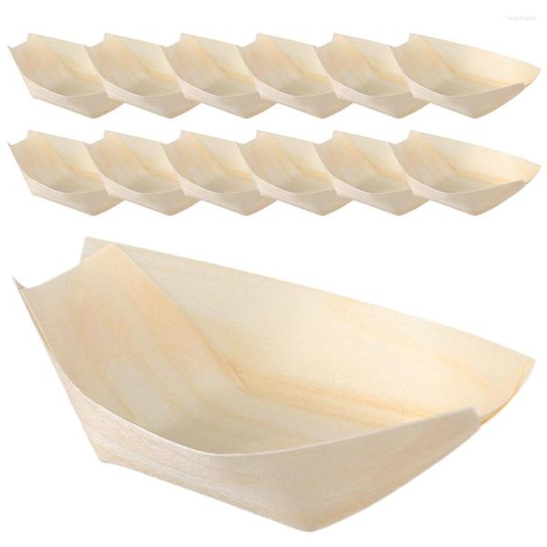 Tigelas 120 unidades em forma de navio Tigela de lascas de madeira Pratos de barco de sushi Barcos de madeira de bambu Bandejas de servir Recipiente de pinho descartável Sashimi
