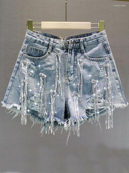 Short jeans feminino com franjas e lantejoulas 2023 estilo streetwear europeu solto cintura alta rasgado curto calça feminina