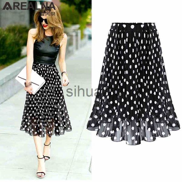 Saias Preto Branco Feminino Tule Polka Dot Saia Plissada Chiffon Saias de Verão Feminino Harajuku Moda Coreana Midi Saia Flared Feminina J230621