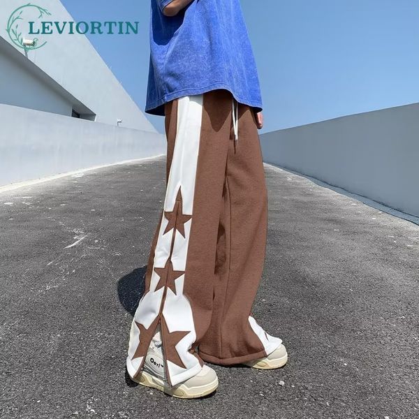 Pantaloni da uomo con apertura laterale con cerniera Gamba dritta larga larga per uomo Streetwear Y2K Design Pantaloni sportivi con ricamo pentagramma 230620