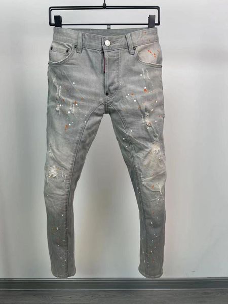 Calça Jeans Masculina 2023 Cinza Splash Tinta Emenda Moda Lápis A606#