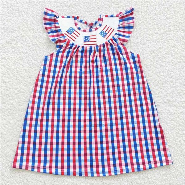 Mädchenkleider Großhandel für Mädchen mit bestickter Weste mit Nationalfeiertagsflagge und fliegenden Ärmeln für Babykleidung, Western-Boutique-Kleidung
