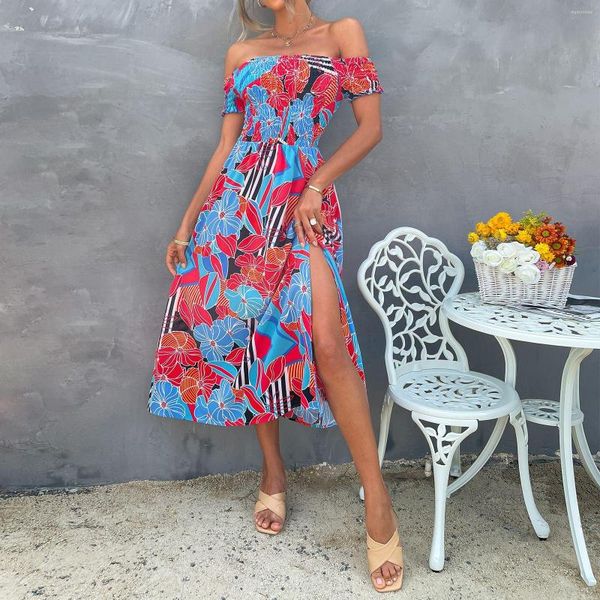 Abiti da festa Sexy Off The Shoulder Flower Print Elegante moda Backless Split Bohemian Dress Women's Slim Pleated Beach Long