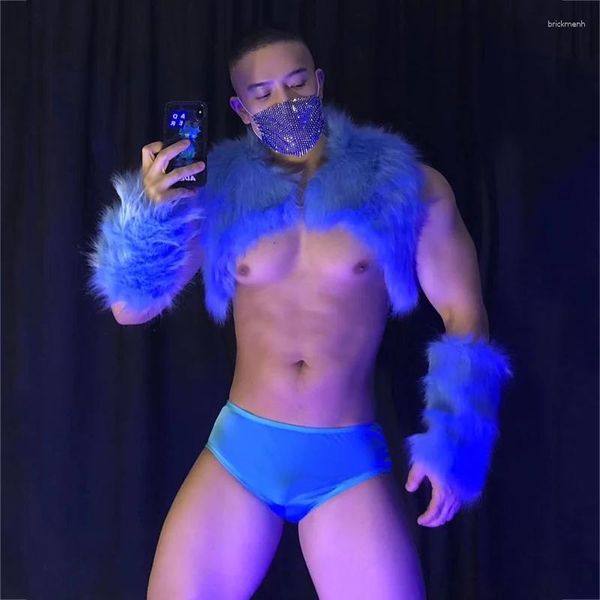 Vestimenta de palco xale de pele azul cuecas com mangas roupa de homem musculoso dançarino de bar roupas de performance DJ Gogo traje sexy