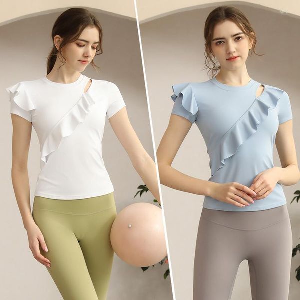 Camicie attive Sport Donna Abbigliamento da palestra T-shirt a maniche corte da allenamento con orlo di loto Top in nylon morbido da yoga Tuta sportiva da donna