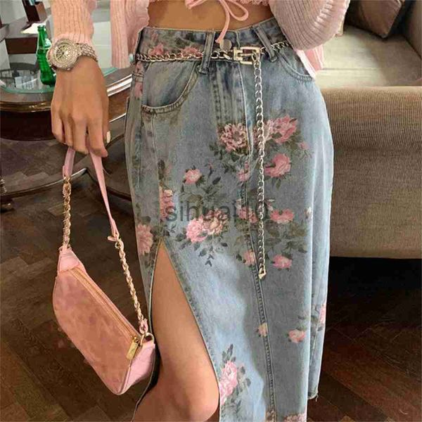 Röcke Sommer hohe Taille schlank sexy Schlitz gerade Rock Denim Street Style Retro Blumendruck langer Jeansrock J230621