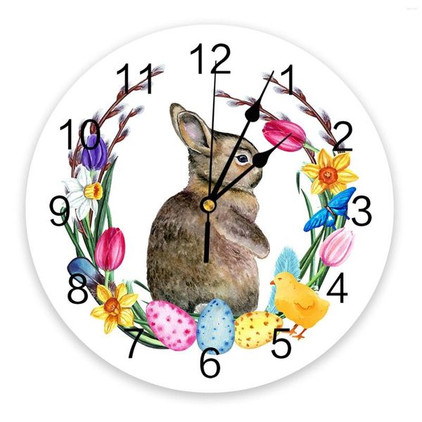Relógios de parede páscoa primavera aquarela ovo impressão flor relógio arte silenciosa relógio redondo sem tique-taque para decoração de casa presente