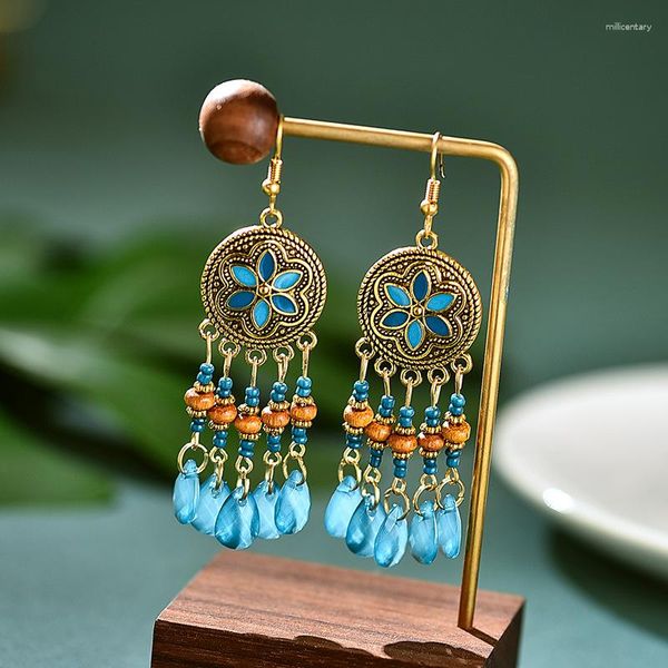 Baumelnde Ohrringe, Boho-Vintage-Blume, runde geometrische Tropfen-Ohrringe, handgefertigte Holzperlen, Wasserquaste, Zigeuner-Ethno-Bohemien-Schmuck