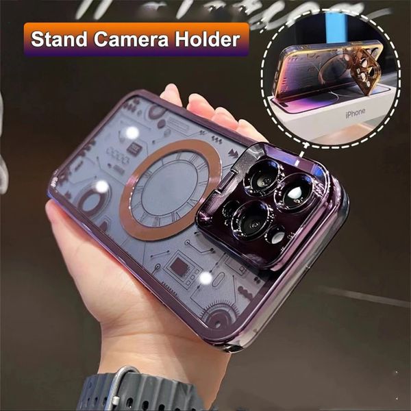 Luxusgehäuse für iPhone 14 13 Pro Max Plus Hülle Plating Schaltplan Kabelloser Lademagnet für Cover Stand Kamerahalter Shell