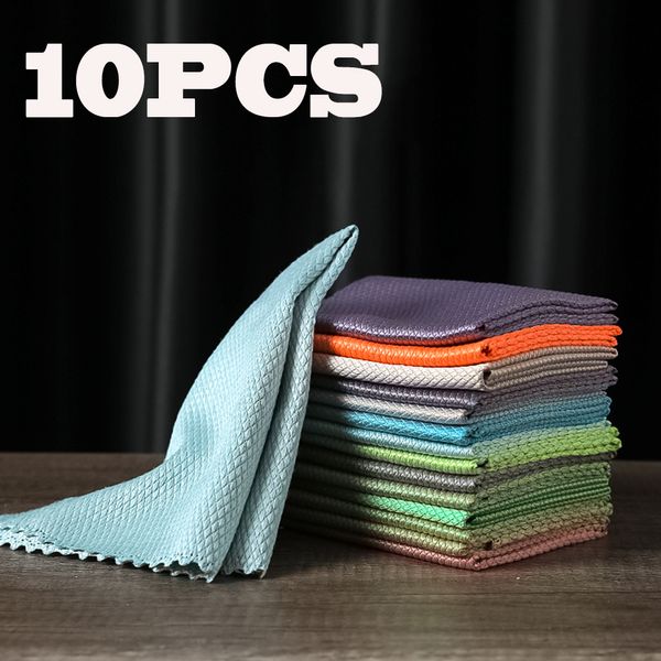 Panos de limpeza grandes 10 pçs 3040 cm luxo microfibra vidro polimento pano escama de peixe toalha de pano para cozinha janela carro espelho doméstico 230621