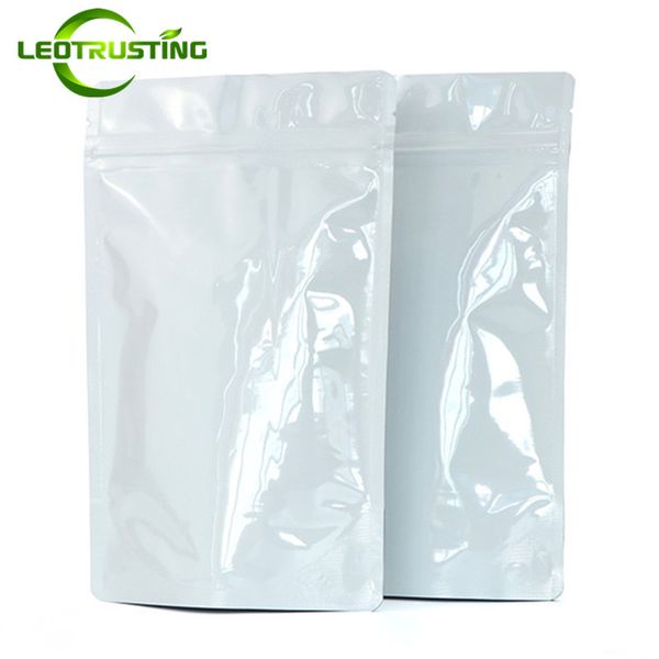 Leotrusting 50 pçs/lote grosso stand up folha de alumínio branco brilhante bolsa ziplock doypack folha branca doce açúcar café presente à prova de cheiro bolsas