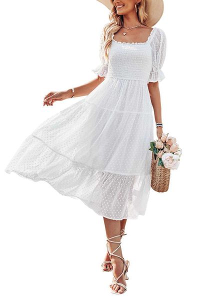 2023 Summer New Chiffon Jacquard Vita aderente ragazza della scuola al largo della spalla maxi abiti midi peplum in pizzo