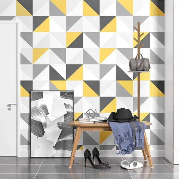 Sfondi Nordic Ins Carta da parati geometrica Fresco Bianco Giallo Grigio Triangolo Pattern Design Camera da letto Soggiorno Divano Sfondo