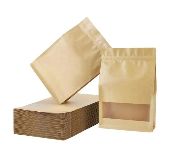 Kraft Stand Up Zipper Bags Resealable Storage Package Bag Com Janela Para Armazenar Alimentos Nozes Feijões Café Doce