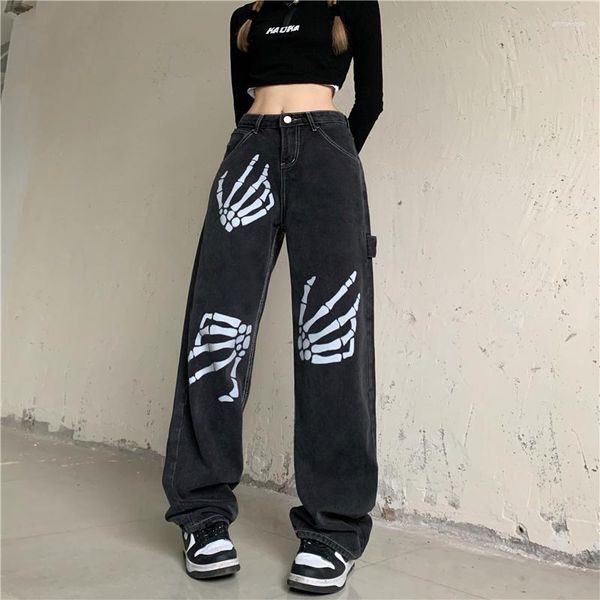 Damen Jeans Punk Skull Frauen Lose Gerade Hosen Retro Denim Joggers Mädchen Weiße Knochen Hosen Mode Straße