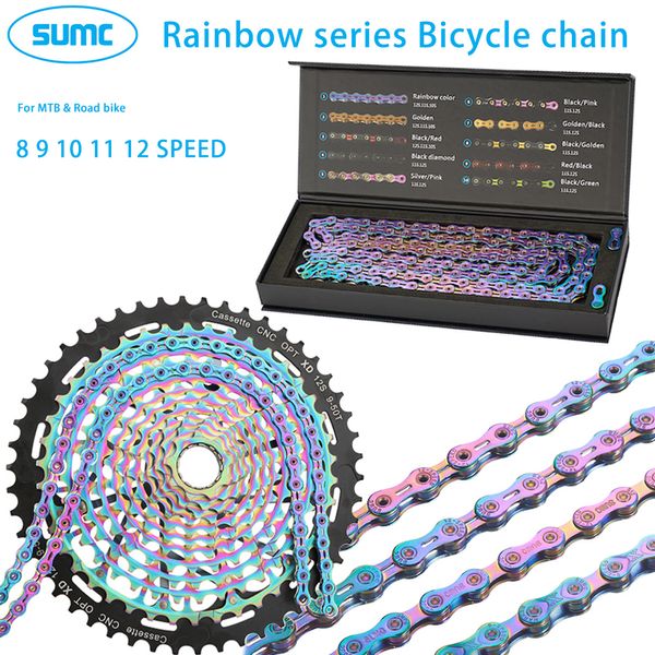 Catene per bici SUMC Catena per bicicletta 9 10 11 12 velocità 116 126L Catena cava serie arcobaleno per strada MTB Missinglink compatibile SRAM Shimano 230621