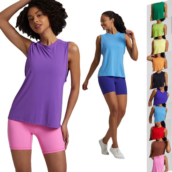 Lu Yoga Suit T-shirt sportiva senza maniche da donna Canotta ampia ampia che assorbe il sudore e ad asciugatura rapida Poliestere Palestra Cover Up T-shirt fitness da corsa in uscita