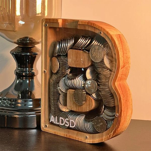 Neuheitsartikel Sparschwein mit sechsundzwanzig Buchstaben aus Holz, englisches Alphabet, Münze, Geldsparbox, Glas, Münzen, Aufbewahrung, Desktop-Ornament, Heimdekoration, Kunsthandwerk 230621