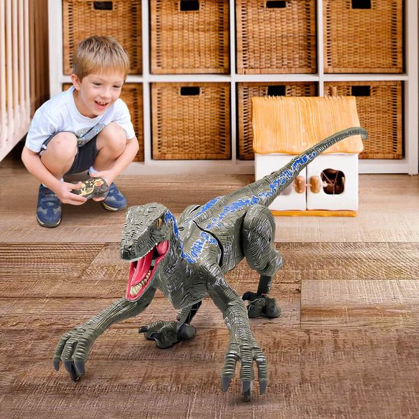 Animais ElectricRC Controle remoto Dinosaur Toys Kids RC Electric Walking Jurassic Simulation Velociraptor Toy com luz LED e rugido 230621