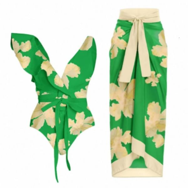 Costume da bagno donna Costume da bagno donna con copricostume Bowknot Green Floral Beachwear Luxury Elegante costume da bagno brasiliano da spiaggia 230620
