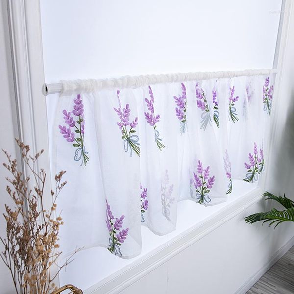 Cortinas de cortina 1 pçs bolso curto linda flor bordada meia cortina para porta de cozinha cortina de café pequeno painel de janela transparente