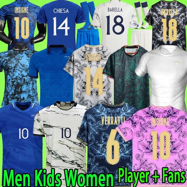 2023 Италия футбольные майки 125 -й версии игрока Maglie Da Calcio Totti Chiesa Barella Pirlo Buffon Italia 23 24 Женщины мужские футбольные рубашки набор детей униформа