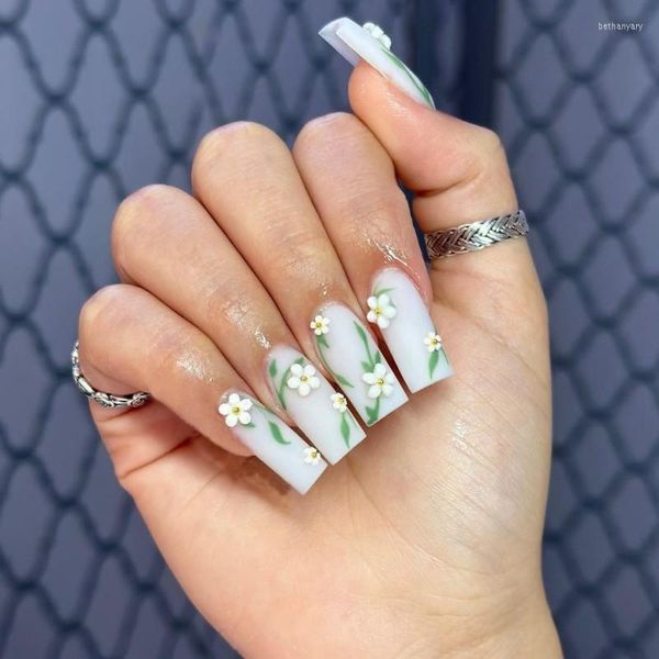 Unhas Postiças 24 Pçs Estilo Verão Longo Destacável Utilizável Pressionado Para Meninas Nials Falsos Com Cola Ballet Quadrado Pontas de Unhas