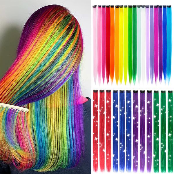 Pedaços de cabelo 18 clipes ombré sintéticos coloridos em arco-íris longo reto 22 polegadas destaques de festa para mulheres, crianças e meninas 230621
