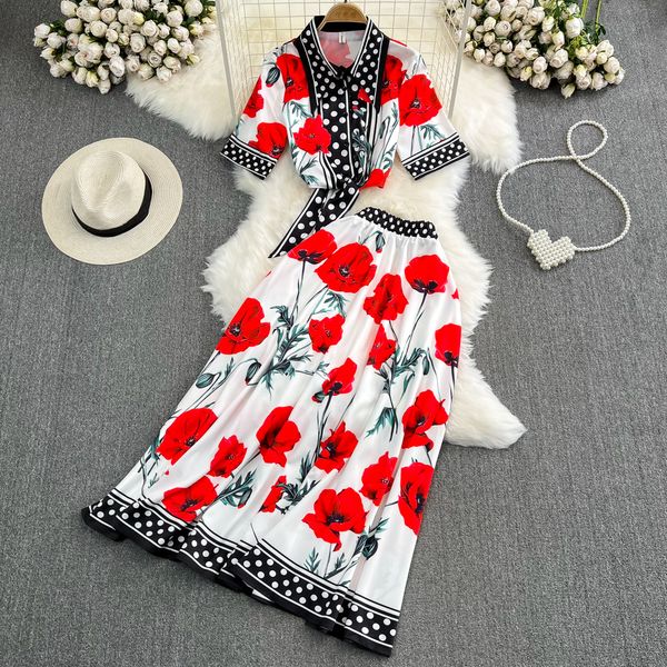 Zweiteiliges Kleid Runway Fashion Flower Polka Dot Print Zweiteiliges Set Damen-Outfits Lässiges kurzes Hemd Schnüroberteile + langer Rock Anzüge weiblich 2023