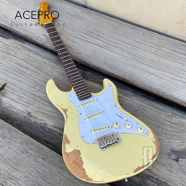 Acepro el yapımı kalıntı elektro gitar krem ​​renk alder gövdesi tremolo köprü yüksek kaliteli yaşlı gitarra ücretsiz kargo