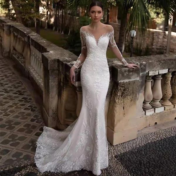 2023 luxo árabe sereia vestidos de casamento dubai cristais brilhantes rendas mangas compridas vestidos de noiva tribunal trem tule saia lantejoulas 2006