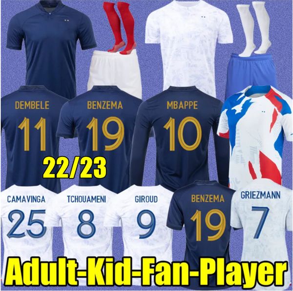 2023 French Maillots de football Camisas de futebol FRANCÊS BENZEMA MBAPPE GRIEZMANN POGBA 22 23 Francia Men Kids KIMPEMBE FEKIR maillot camisa feminina hommes Kante jerseys