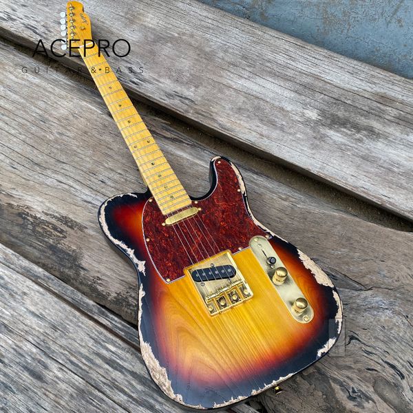 Acepro Ash Body Relic Guitar Electric Vintage Sunburst Color Maple Neck Abalone Inlays Hardware Gold hardware Guitarra Made