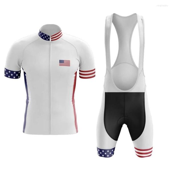 Set da corsa 2023 Versione bandiera USA Maglia da ciclismo bianca Set Ciclismo Masculino Bib Short Gel Pad traspirante Maillot Hombre