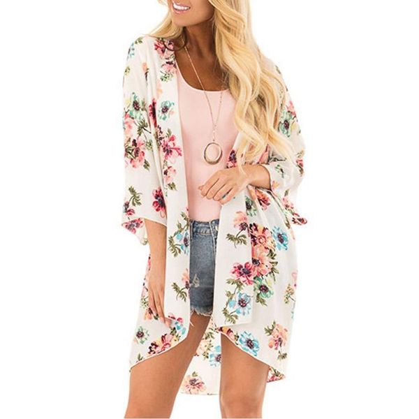 Feminino Floral Estampado de Leopardo Xaile Meia Manga Chiffon Kimono Casaco de Praia Biquíni Envoltório Roupa de Praia Ao Ar Livre Anti-UV