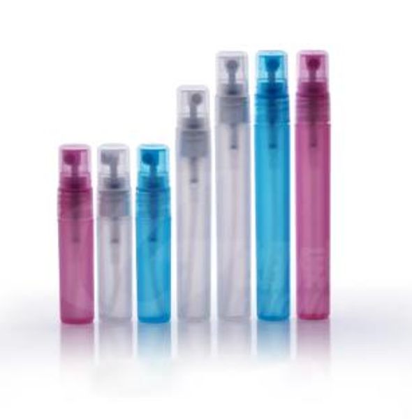 Frasco de spray de plástico de 5 ml, 8 ml e 10 ml, recipiente de perfume cosmético vazio com bico atomizador de névoa, frascos de amostra de perfume por atacado