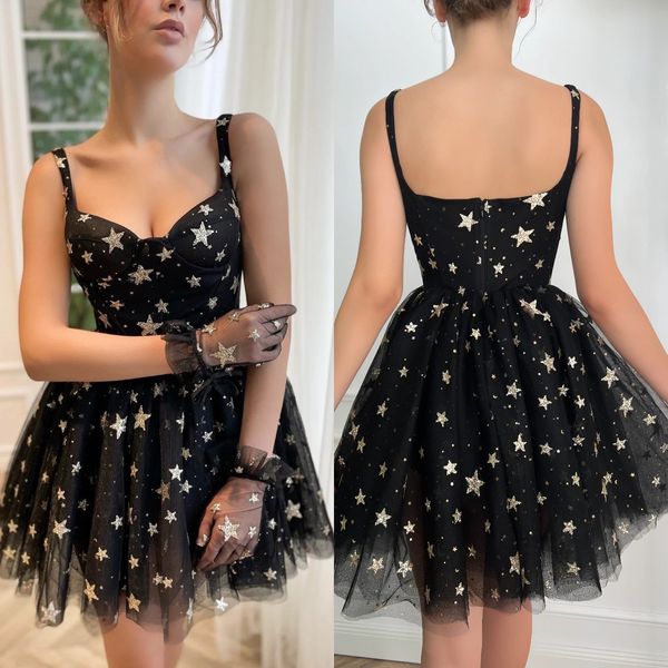 Süße schwarze kurze Heimkehrkleider, Stern-Pailletten, Spitze, Mini-Cocktail-Heimkehrkleid, Reißverschluss hinten