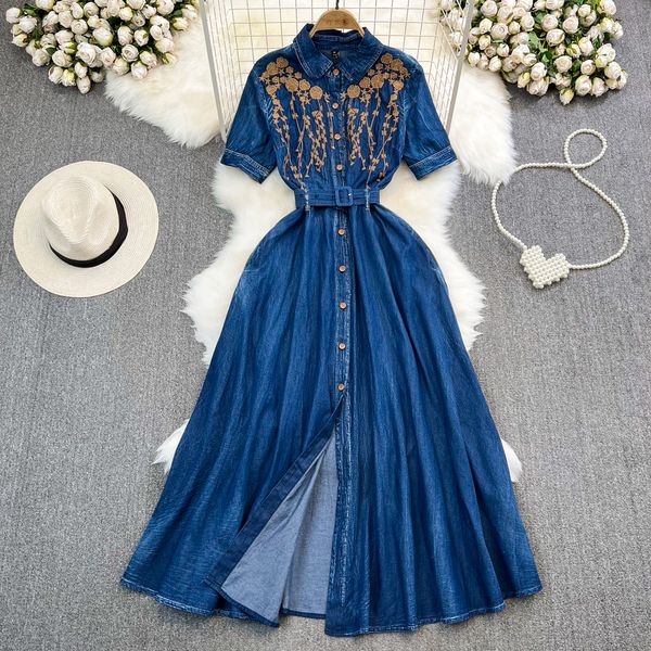 Abiti casual Abiti estivi Abito estivo in denim morbido di alta qualità per donna 2023 Elegante abito da cowboy lungo con ricamo floreale a maniche corte con risvolto